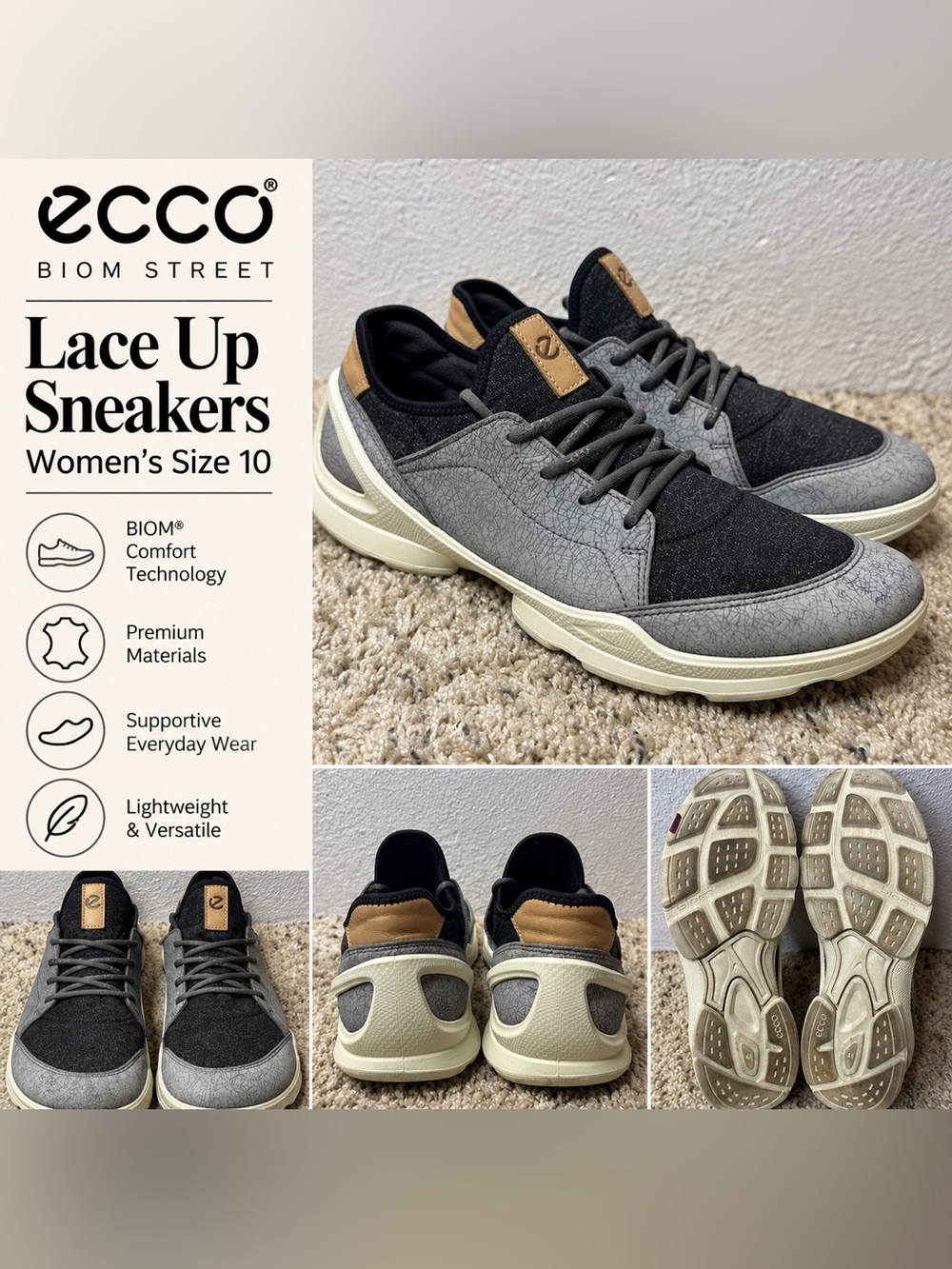 ECCO BIOM Street Sneakers Women’s Size 10 EU 41 Gray Black Lace Up Shoes